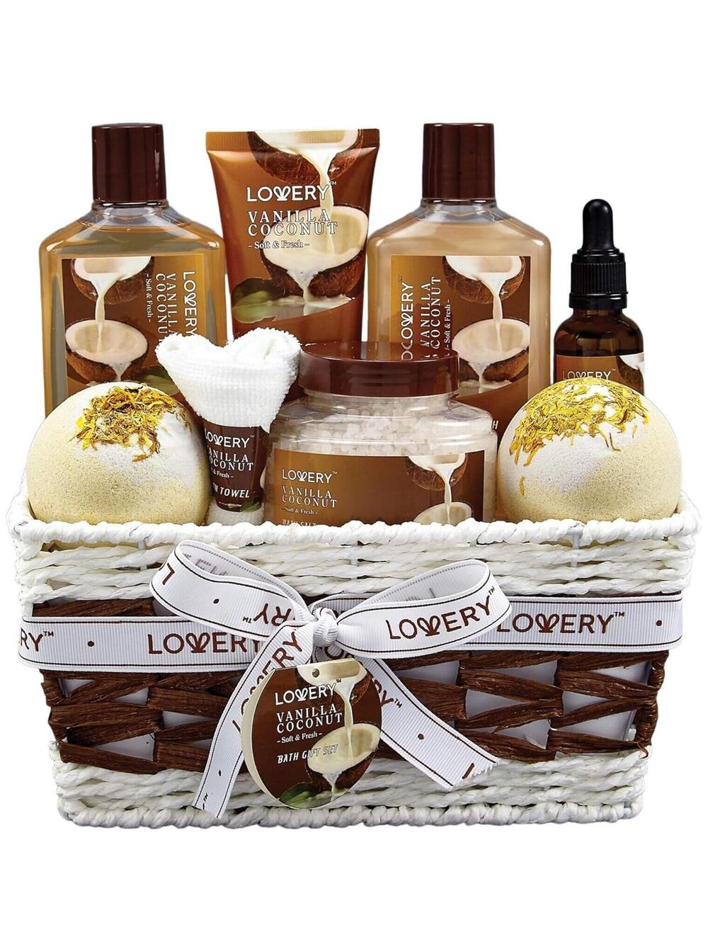 9 Piece Vanilla Coconut Scented Spa Bath Gift Set Basket, Christmas Holiday